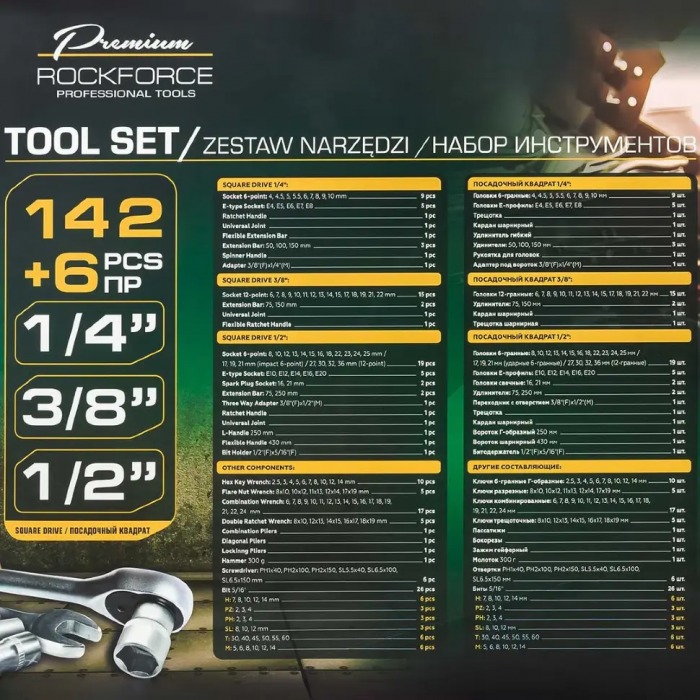 Гедоре 142+6 части 1/2''&1/4'' 4-32мм 6 и 12-стен RockForce Premium