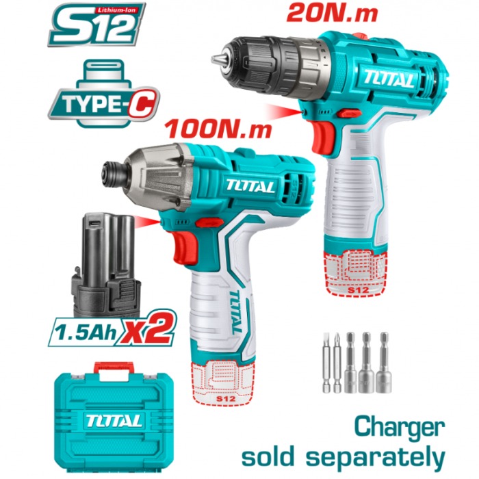 К-т акумулаторен винтоверт и ударен винтоверт 12V 2x1.5Ah TOTAL