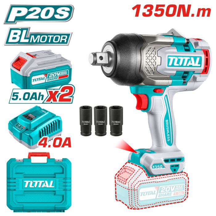 Акумулаторен ударен безчетков гайковерт 3/4" 20V 1350Nm 2бат x5Ah TOTAL INDUSTRIAL