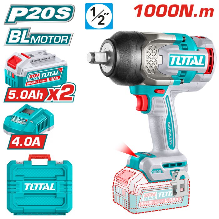Акумулаторен ударен безчетков гайковерт 1/2" 20V 1000Nm 2x5.0Ah TOTAL INDUSTRIAL