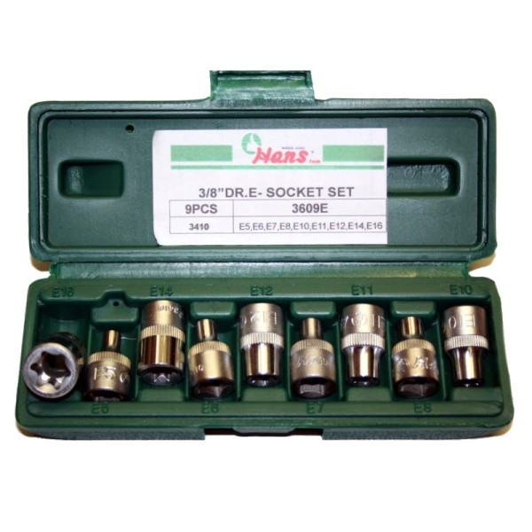 Вложки к-т 9ч. 3/8'' женски еврейска зведа къси Е5-Е16 Dura Chr-V Hans Tools